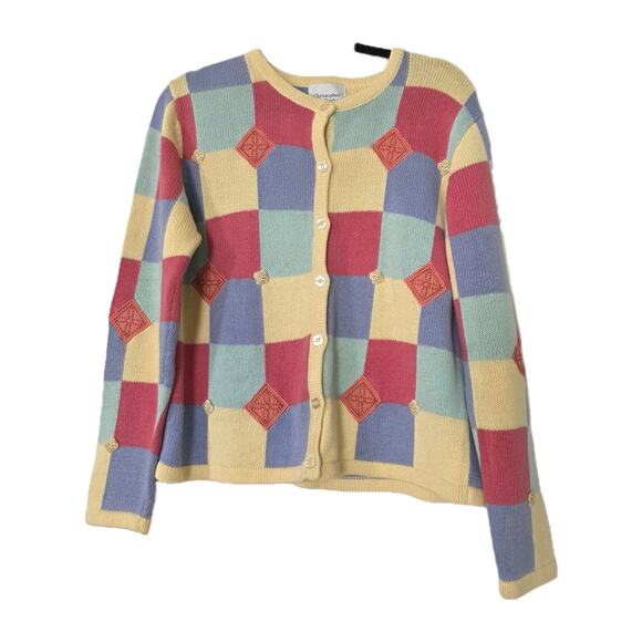 Vintage Pastel Checkered Cardigan Sweater Women L Fairy Embroidered Boho Cottage - Picture 1 of 9